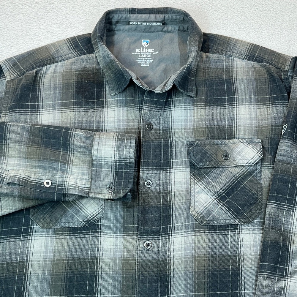 Kuhl Mens Grey Black Plaid Flannel Button Down Shirt Large 7186 Cotton Tencel